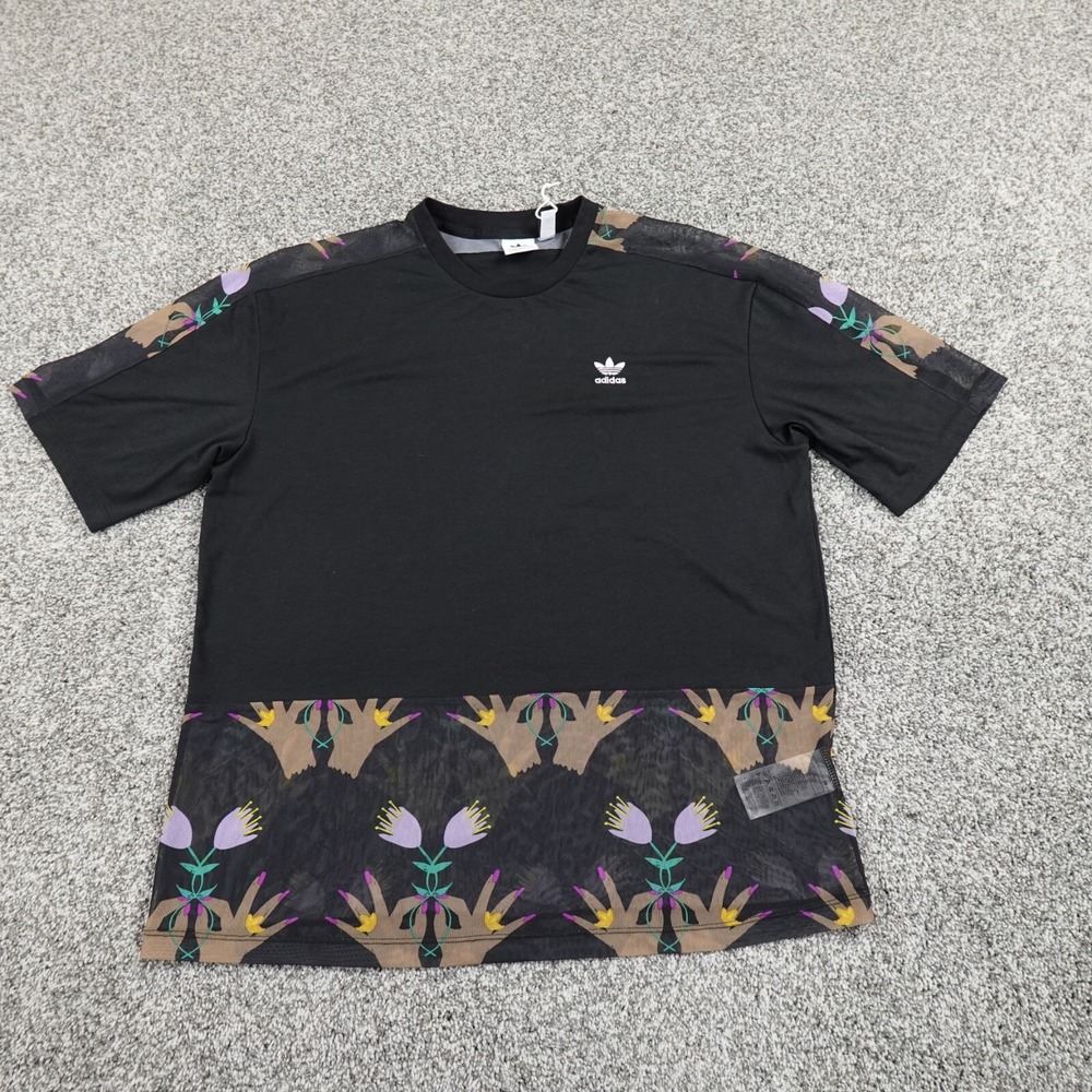 Adidas Shirt Womens XS Black Floral Mesh Oversized Baggy Loose Trefoil Athletic‎